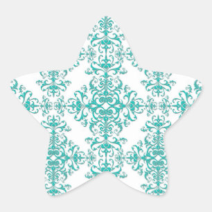Elegant Aqua Turquoise over White Damask Pattern Star Sticker