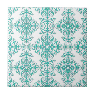 Elegant Aqua Turquoise over White Damask Pattern Tile