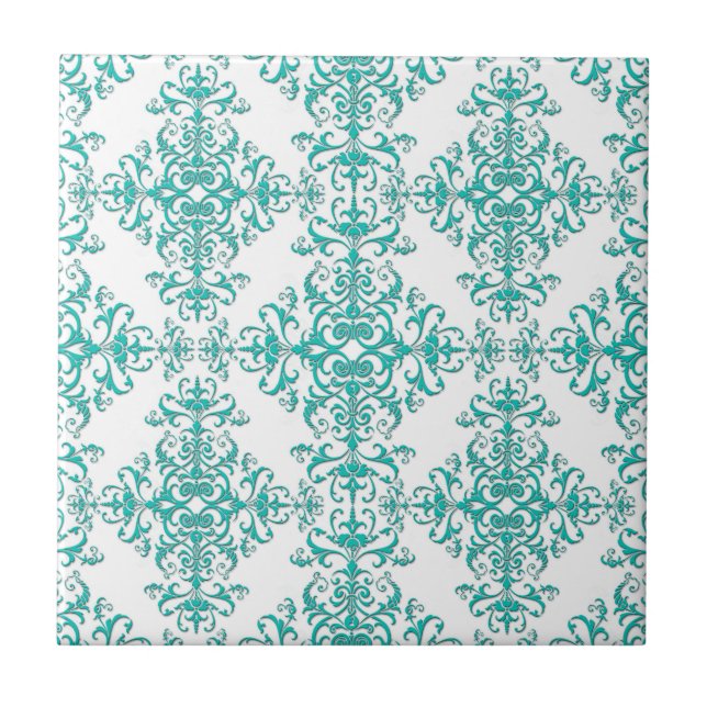 Elegant Aqua Turquoise over White Damask Pattern Tile (Front)