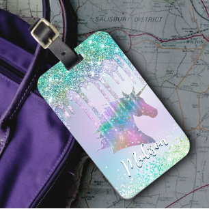 Elegant aqua Unicorn Glitter Drips monogram Luggage Tag