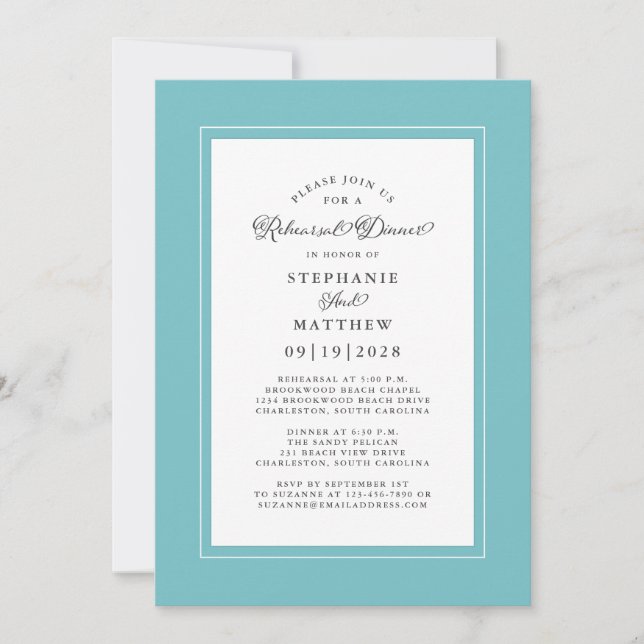 Elegant Aqua & White Wedding Rehearsal Dinner Invitation (Front)