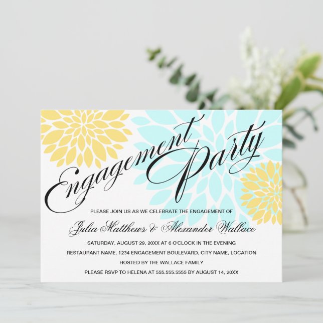 Elegant Aqua Yellow Floral Burst Engagement Party Invitation (Standing Front)