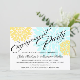 Elegant Aqua Yellow Floral Burst Engagement Party Invitation