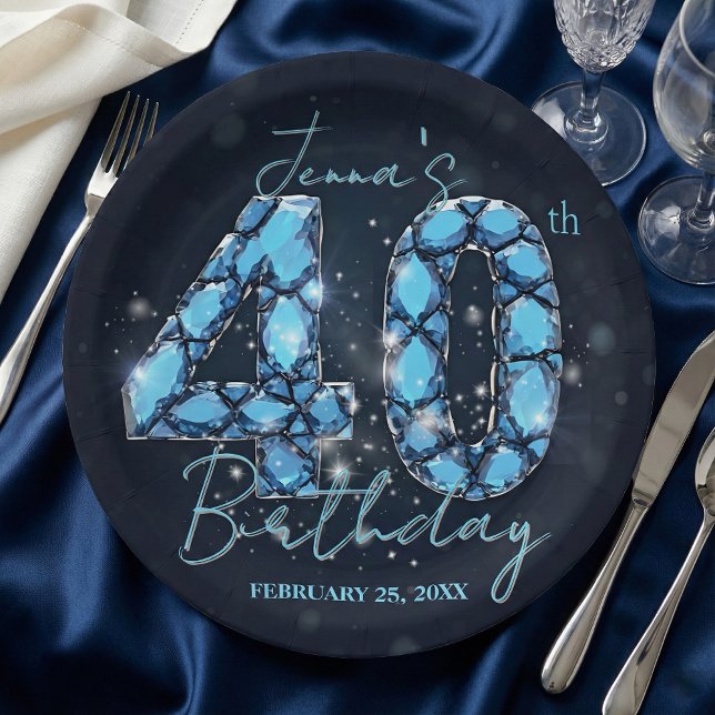 Elegant Aquamarine Blue Jewel 40th Birthday Paper Plate (Creator Uploaded)
