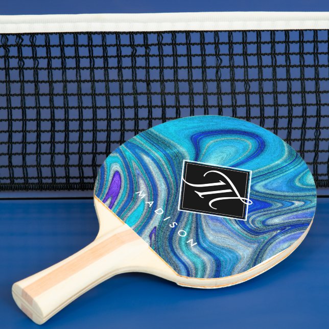 Elegant Aquamarine Paua Rainbow Shell Inspired Ping Pong Paddle (Insitu)