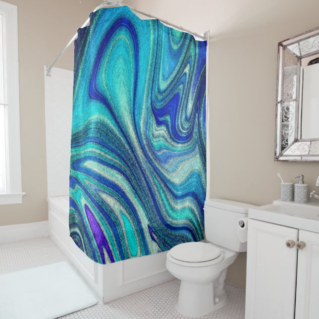 Elegant Aquamarine Paua Rainbow Shell Inspired Shower Curtain (In Situ)