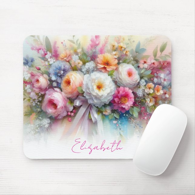 Elegant Aquarell Floral Art Your Custom Text Name Mouse Mat (With Mouse)