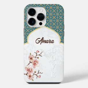 Elegant Arabesque Arch Deep Teal & Gold iPhone 14 Pro Max Case