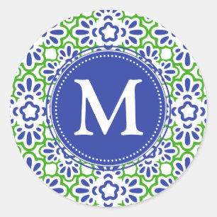 Elegant Arabesque Damask Blue & Green Personalised Classic Round Sticker