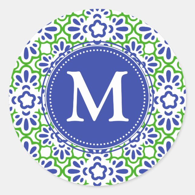 Elegant Arabesque Damask Blue & Green Personalised Classic Round Sticker (Front)