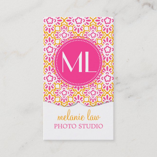 Elegant Arabesque Damask Hot Pink Personalised Business Card (Front)