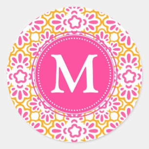 Elegant Arabesque Damask Hot Pink Personalised Classic Round Sticker