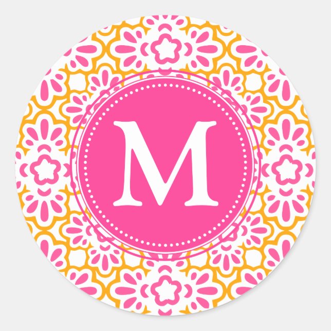Elegant Arabesque Damask Hot Pink Personalised Classic Round Sticker (Front)