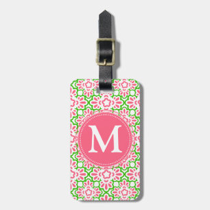 Elegant Arabesque Damask Pink & Green Personalised Luggage Tag