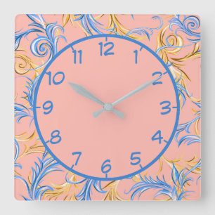 Elegant Arabesque Pink Blue Swirl Pattern Square Wall Clock