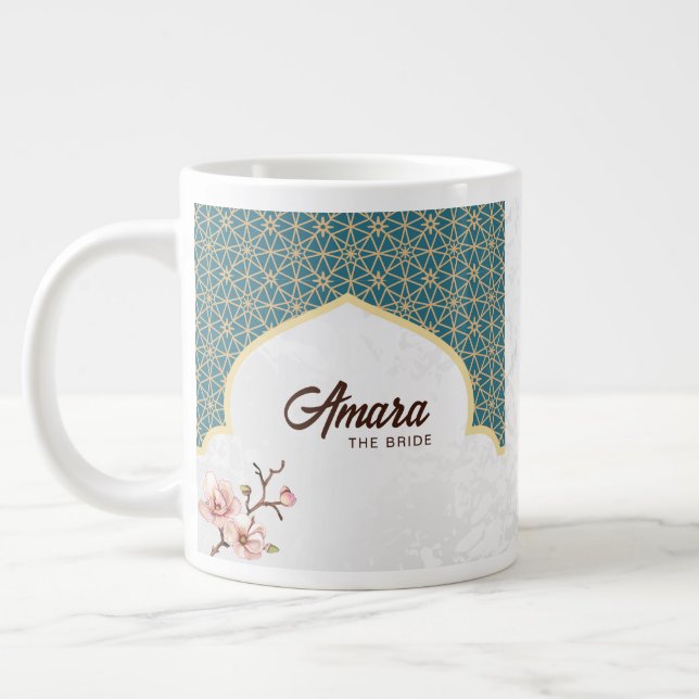 Elegant Arabesque Wedding Mug | Deep Teal & Gold  (Left)