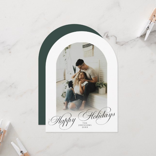 Elegant Arch 1 Photo Green Christmas Holiday Card (Front/Back In Situ)