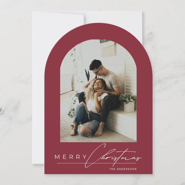 Elegant Arch 1 Photo Red Christmas Holiday Card (Front)