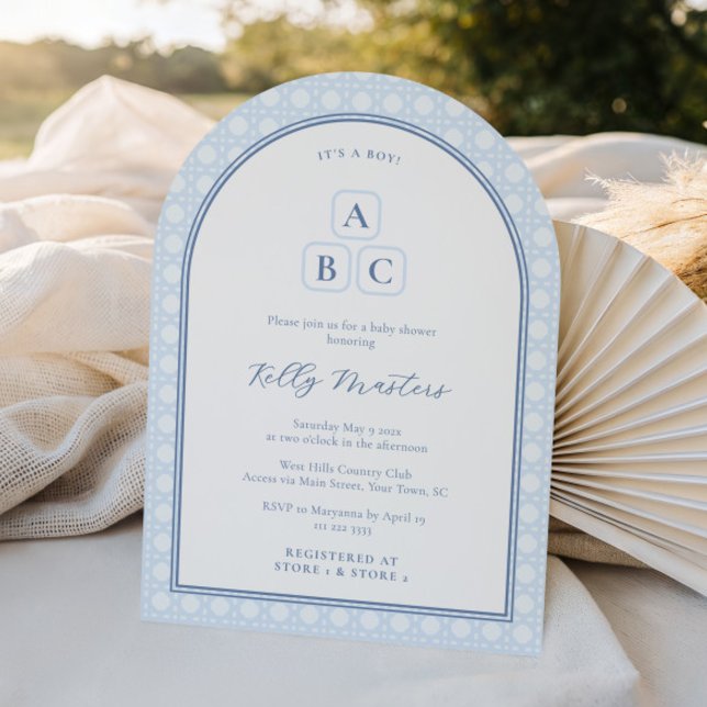 Elegant Arch ABC Blocks Baby Boy Shower Invitation (Preppy pale blue and white nursery blocks arch baby shower invites with cane weave bamboo pattern)