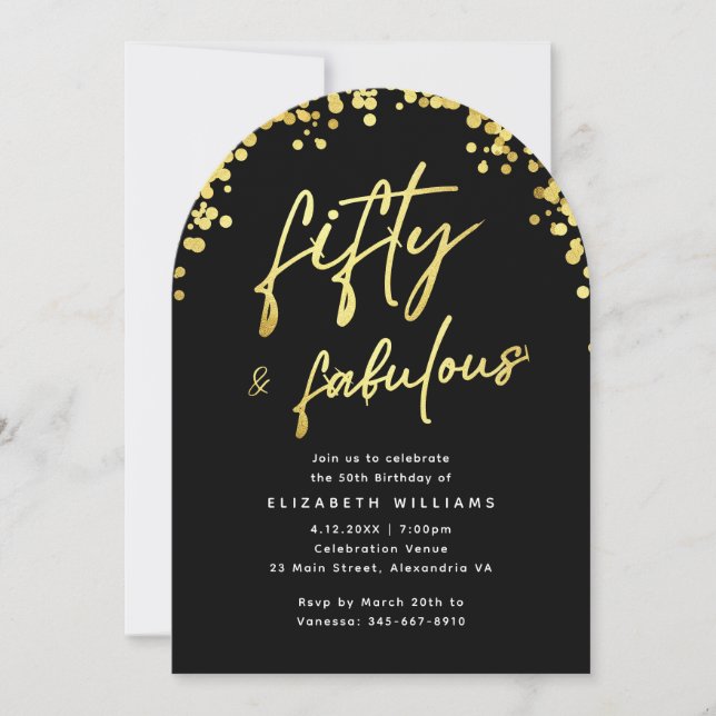 Elegant Arch Black Fifty and Fabulous Birthday Invitation (Front)