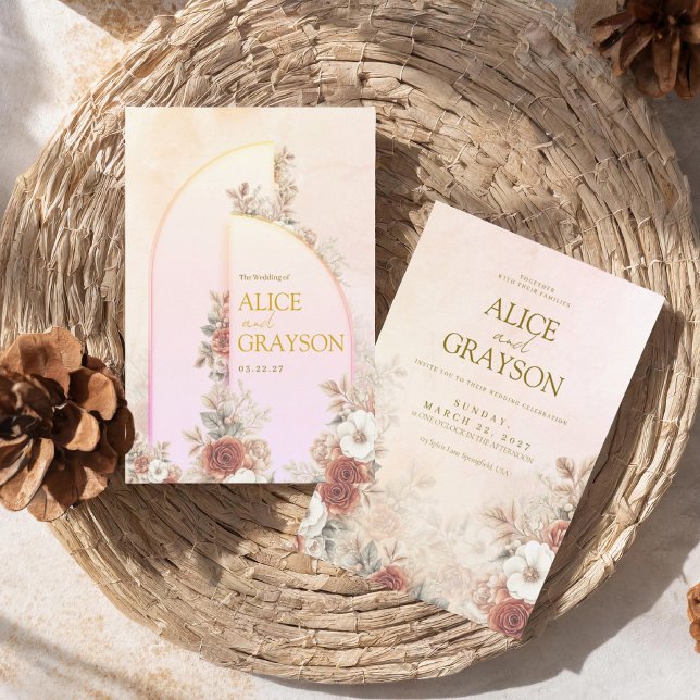 Elegant Arch Boho Floral Pink Modern Wedding  Invitation (Creator Uploaded)