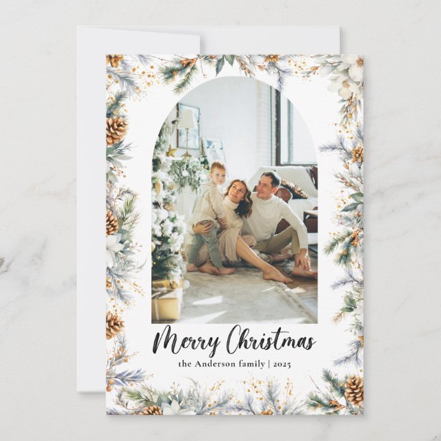 Elegant Arch Botanical Greenery & Photo Christmas Holiday Card (Front)