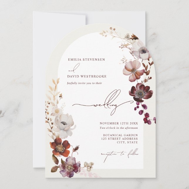 Elegant Arch Burgundy Floral Wedding Invitation (Front)