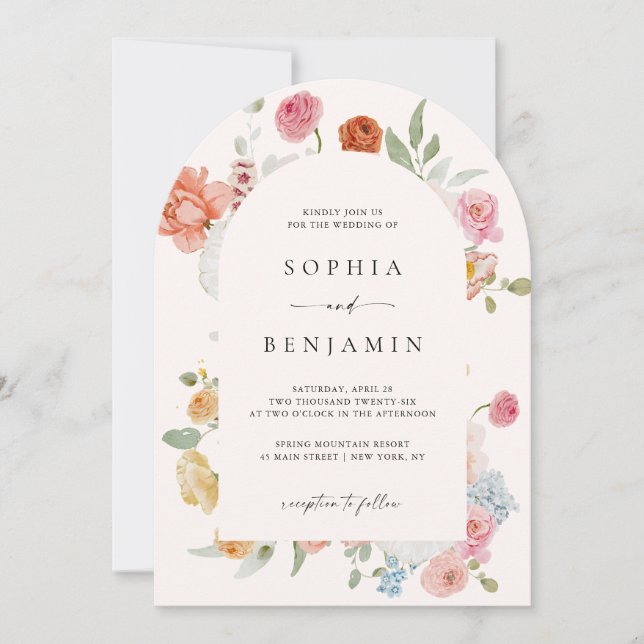 Elegant Arch Colourful Spring Flowers Wedding Invitation (Front)