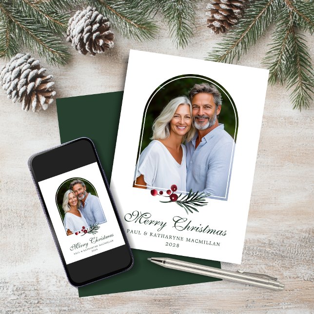 Elegant Arch Dark Green Botanical Holiday Photo Card (Elegant Arch Dark Green Botanical Holiday Photo Card)
