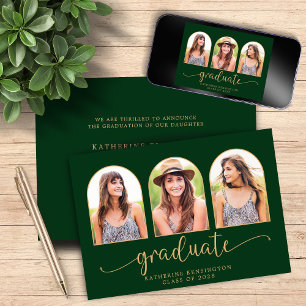 Elegant Arch Dark Green Gold 3 Photo Graduation Invitation