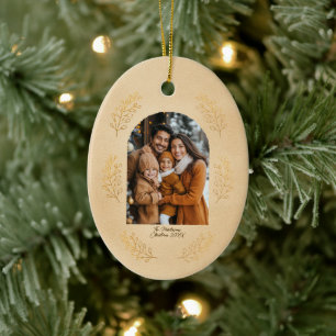 Elegant Arch Family Photo and Leaves Christmas Ceramic Tree Decoration