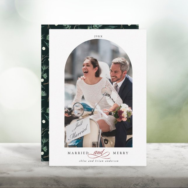 Elegant Arch Frame Married and Merry Photo Holiday Card (Front & Back)