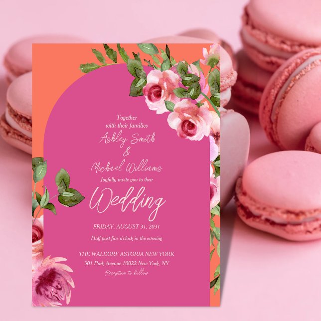 Elegant Arch Frame Pink and Orange Floral Wedding Invitation (Creator Uploaded)