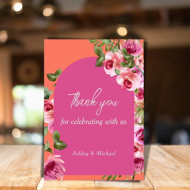 Elegant Arch Frame Pink and Orange Floral Wedding Thank You Card (Creator Uploaded)