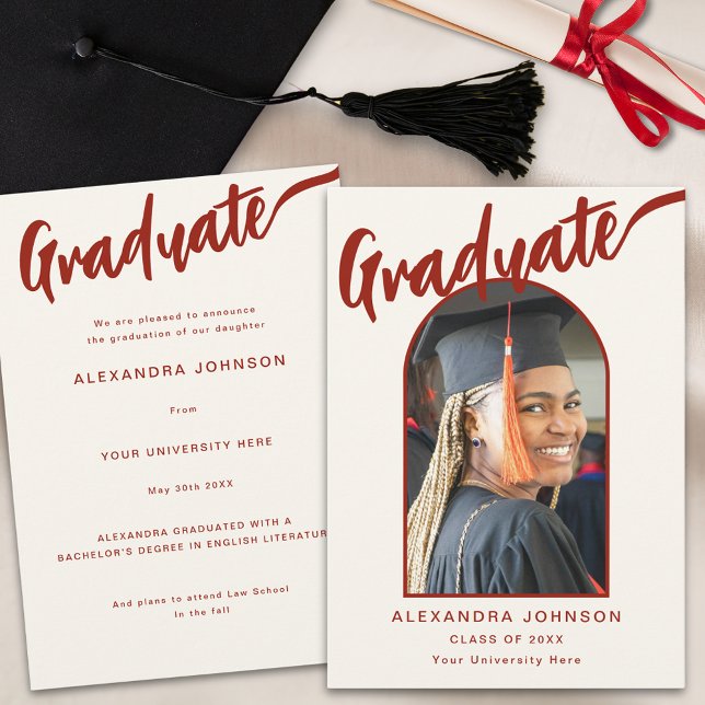 Elegant Arch Graduate Photo Burnt Orange Script Announcement (Elegant graduate photo arch burnt orange calligraphy script graduation announcement card)