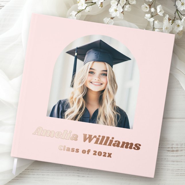 Elegant arch graduate photo retro name class pink guest book (Elegant arch graduate photo retro name class pink foil guest book)