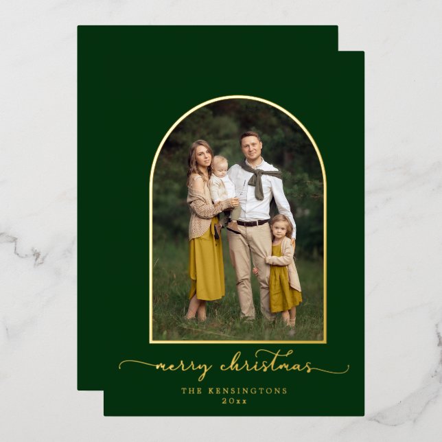 Elegant Arch Green Gold Christmas Photo Foil Holiday Card (Front/Back)