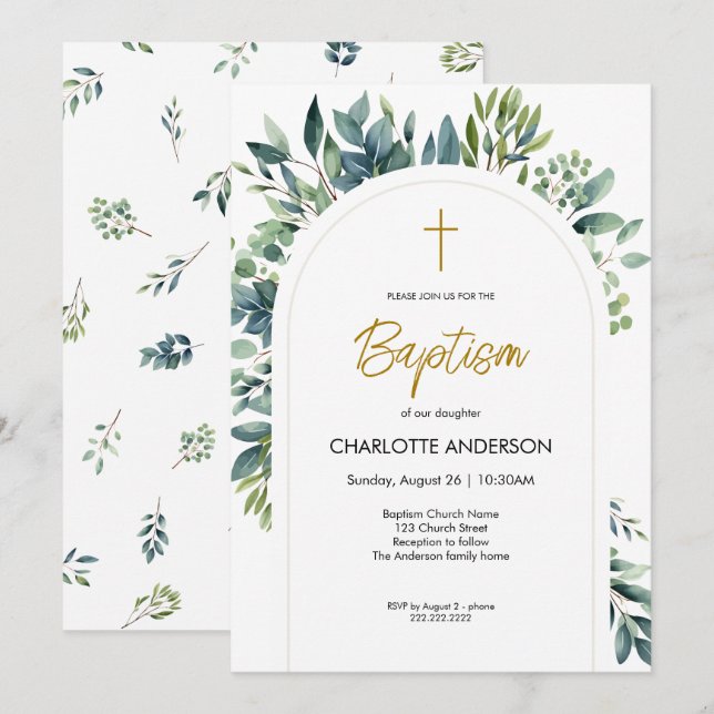 Elegant Arch Greenery Floral Foliage Baptism Invitation (Front/Back)