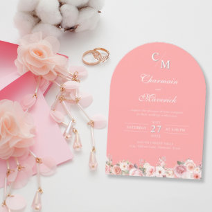Elegant Arch Light Pink Monogram Wedding Invitation