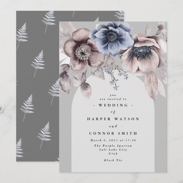 Elegant Arch Light Winter Grey Floral Wedding Invitation (Front/Back)