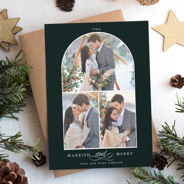 Elegant Arch Married and Merry 3 Photo Deep Green Holiday Card (Creator Uploaded)