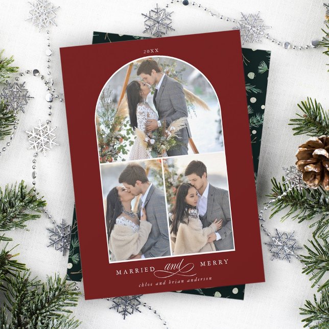 Elegant Arch Married and Merry 3 Photo Deep Red Holiday Card (Front & Back)