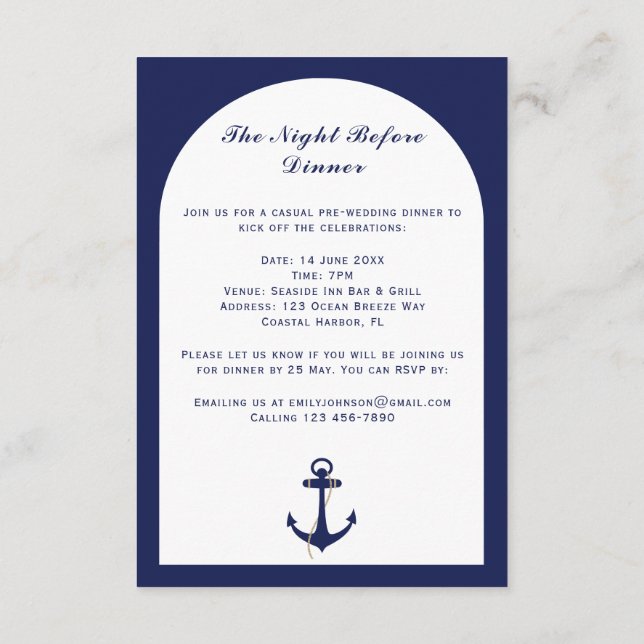 Elegant Arch Navy & White Nautical Wedding Details Enclosure Card (Back)