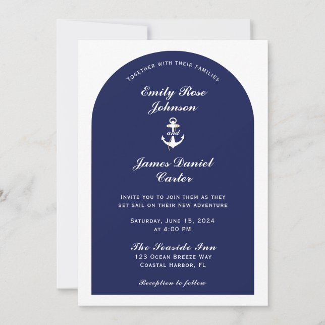Elegant Arch Navy & White Nautical Wedding Invitation (Front)