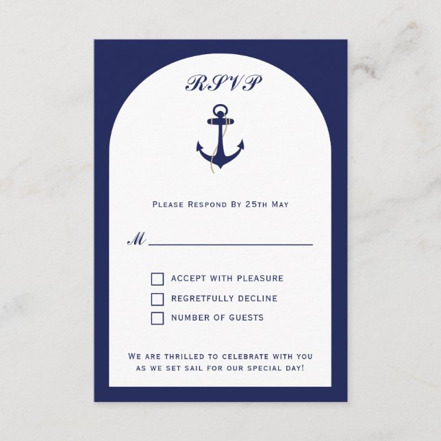 Elegant Arch Navy & White Nautical Wedding RSVP  Enclosure Card (Front)