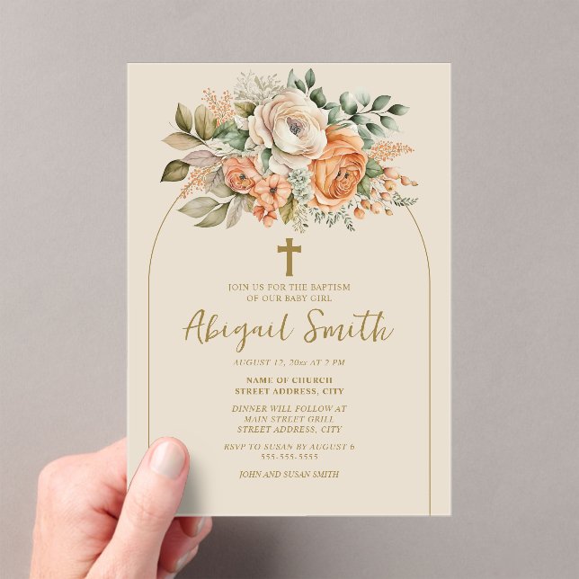 Elegant Arch Peach Floral Baby Girl Baptism Acrylic Invitations (Insitu (Handheld))