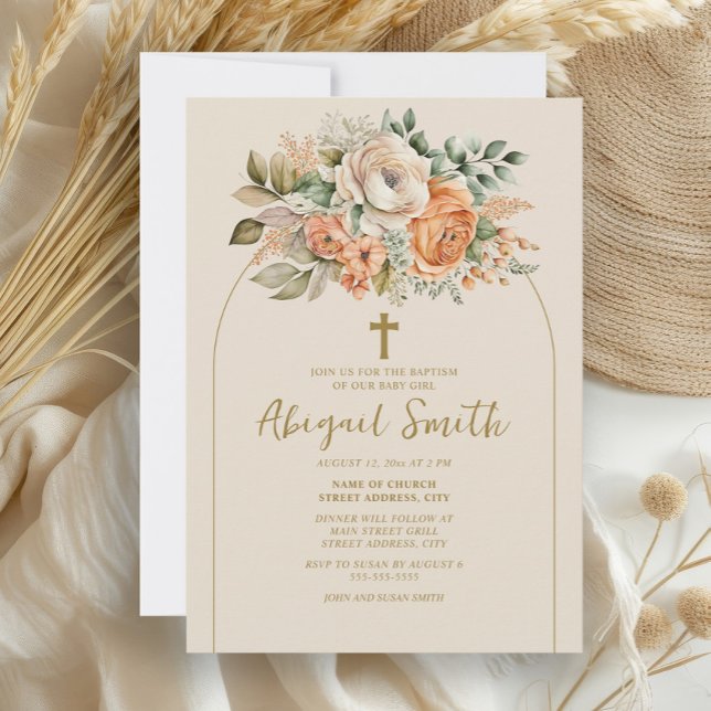 Elegant Arch Peach Floral Baby Girl Baptism Invitation (Peach and cream watercolor floral baby baptism invitation)