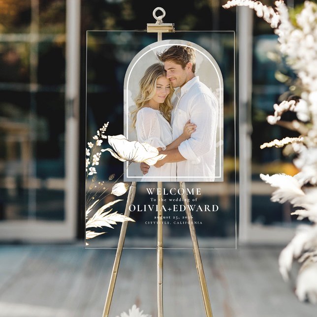 Elegant Arch Photo and Wildflowers Wedding Welcome Acrylic Sign (Wildflowers and Arch Photo Elegant Transparent Wedding Welcome Sign)