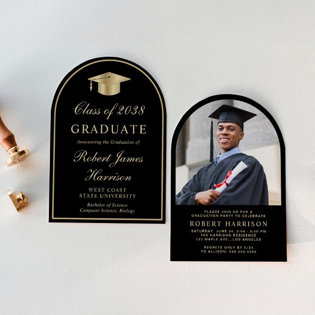 Elegant Arch Photo Black Gold Graduation Party Invitation (An elegant arch-shaped college graduation party invitation to celebrate the graduate's achievements)