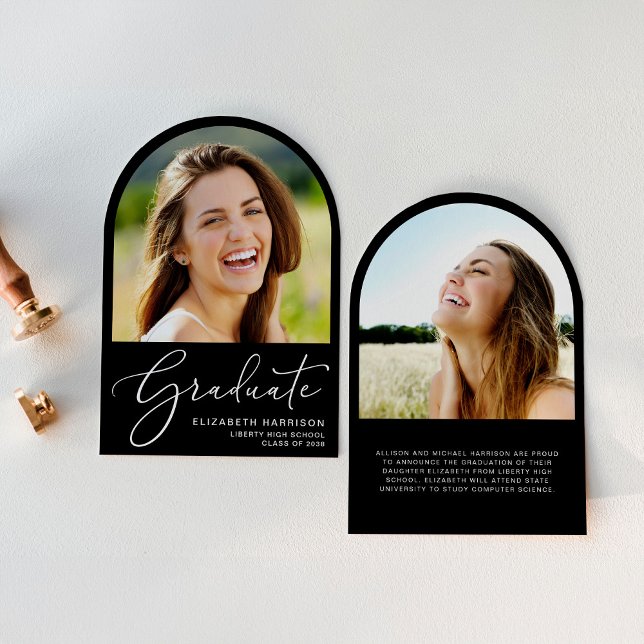 Elegant Arch Photo Black Graduation Announcement (An elegant arch-shaped photo graduation announcement to celebrate the graduate's achievements)